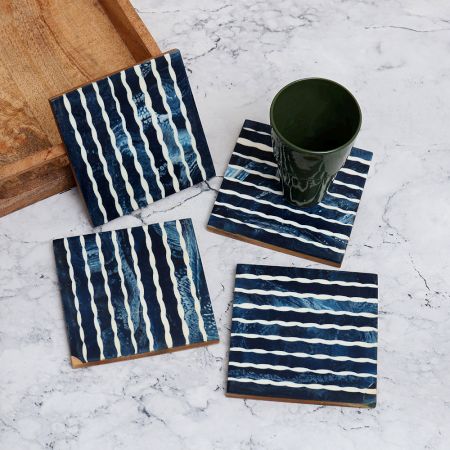 Blue & White Modern Wooden Coasters - Pack of 4